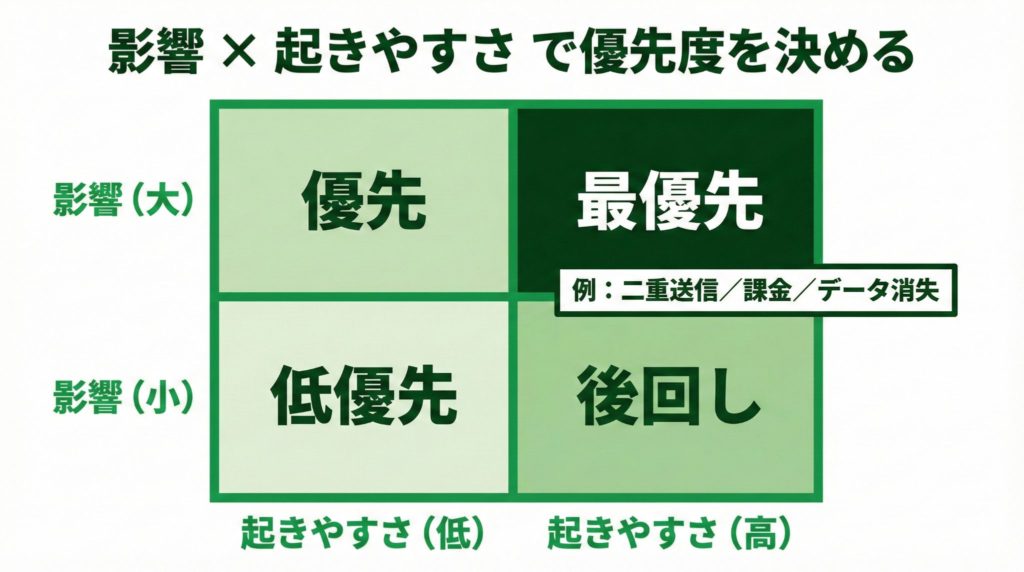 イレギュラー観点の優先度マトリクス（影響の大きさ×起きやすさで判断）