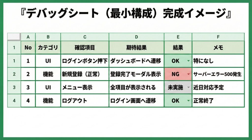 スプレッドシートで作成したデバッグシートの完成例