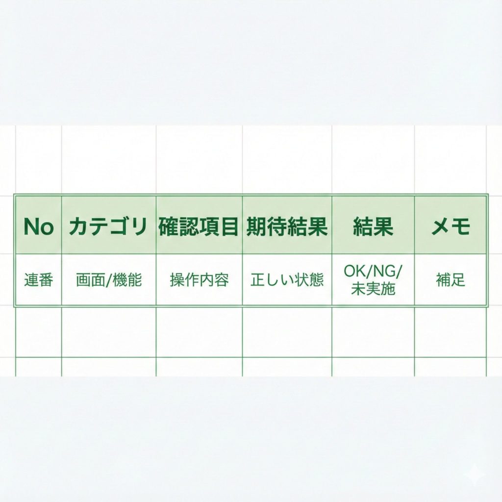 デバッグシートの列構成テンプレ（No、画面、手順、期待結果、結果、備考）