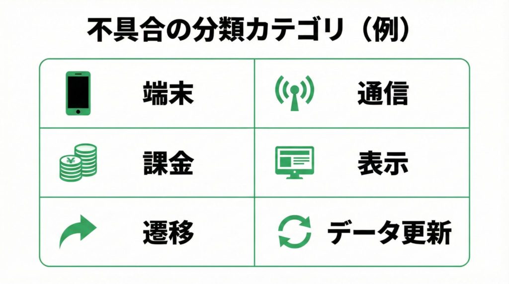 不具合分類の表（端末／通信／課金／表示／遷移／データ更新）