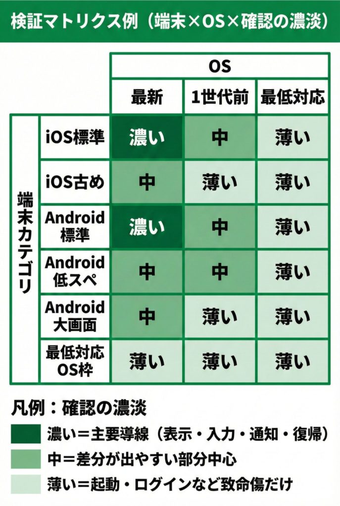 多端末検証の検証マトリクステンプレ（OS・端末・画面サイズ・OSバージョン）