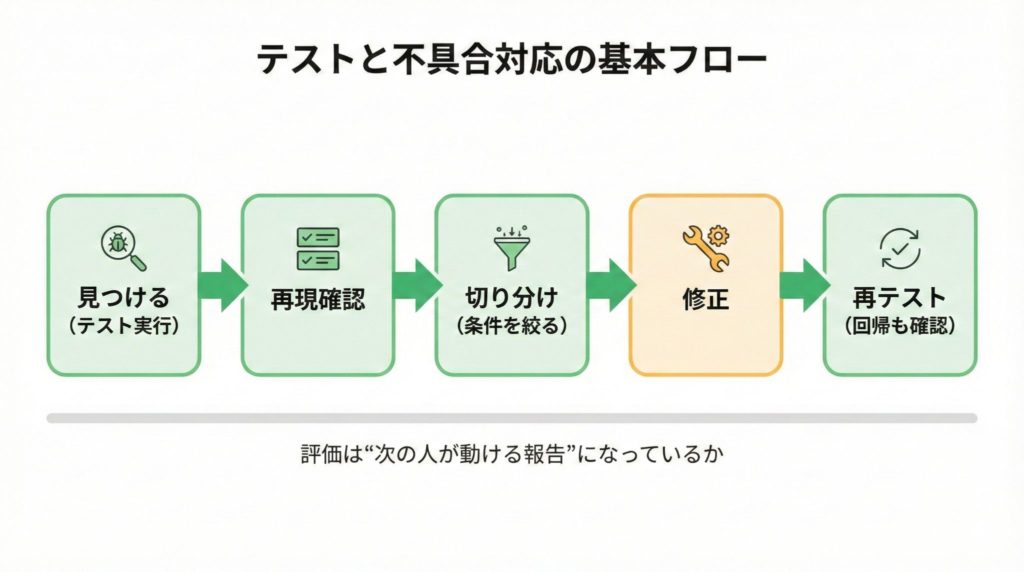 テストで見つける→再現確認→切り分け→修正→再テストの流れ