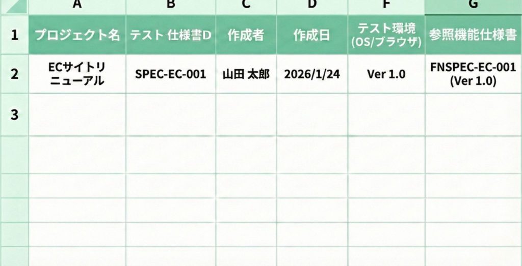 エクセルで作成したテスト仕様書のヘッダー情報記入例