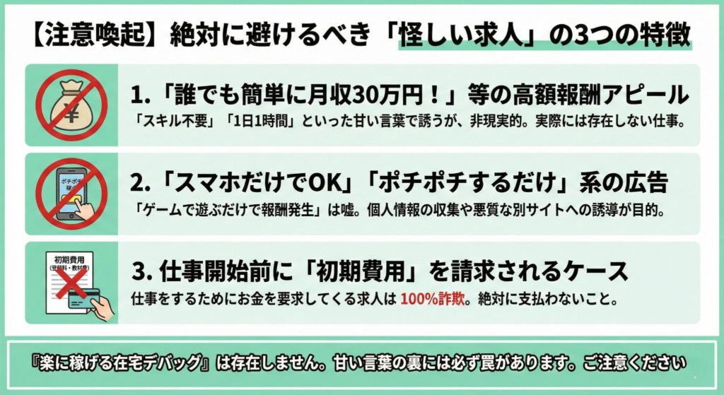 ゲームテスターの詐欺求人によくある特徴（高収入・簡単アピール・費用請求）の注意喚起図解