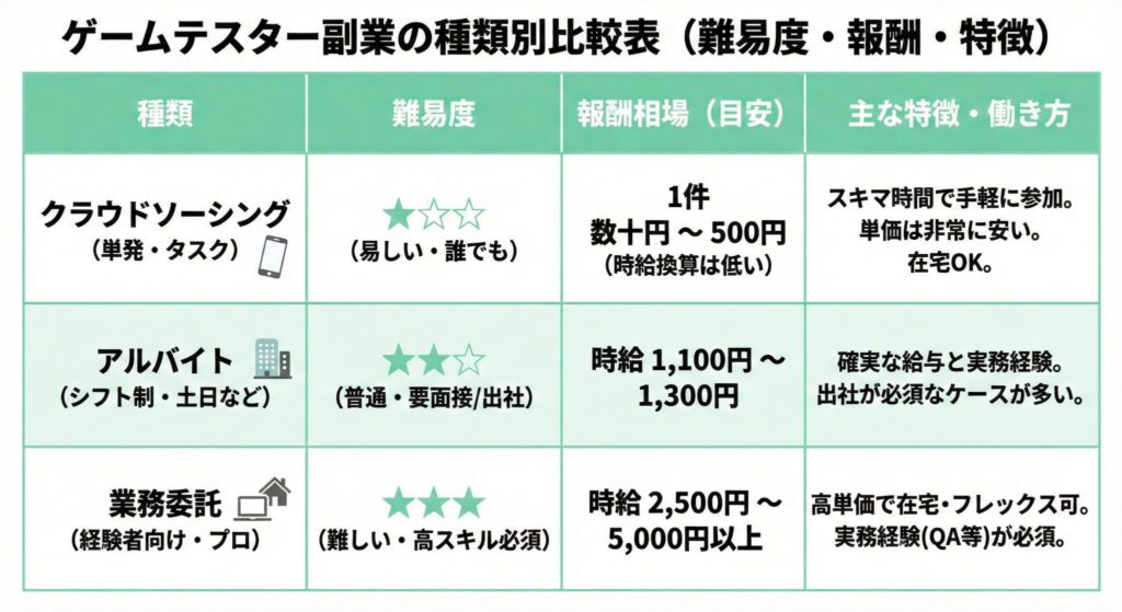 ゲームテスター副業の種類別（クラウドソーシング・バイト・業務委託）の難易度と報酬相場の比較表