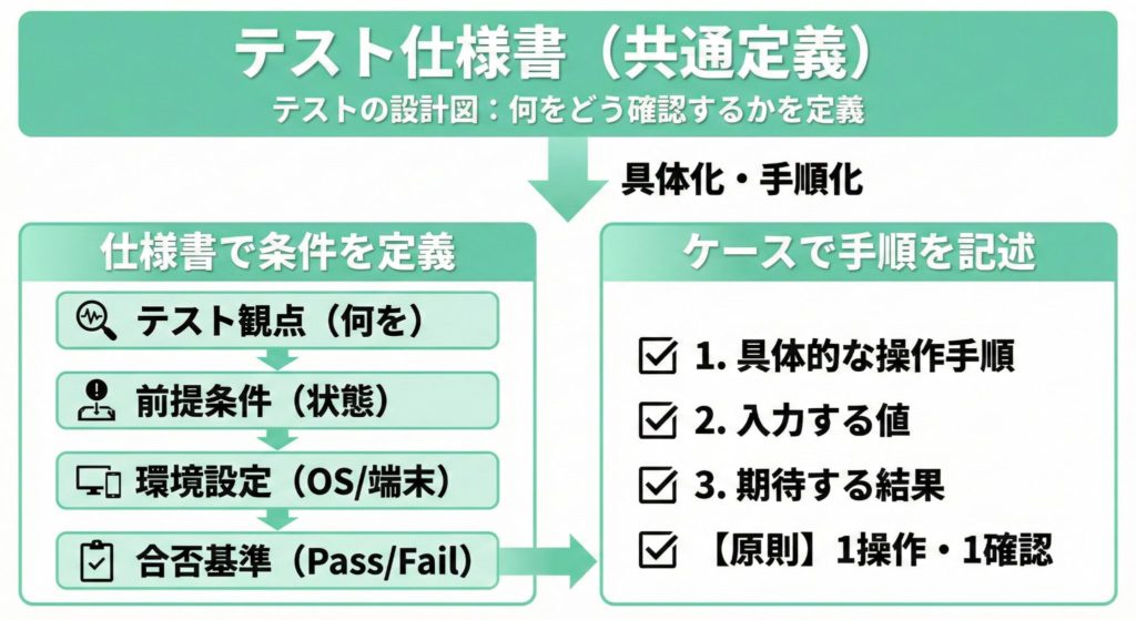 テスト仕様書とテストケースの構造の違い。仕様書で条件を定義し、ケースで手順を記述する。