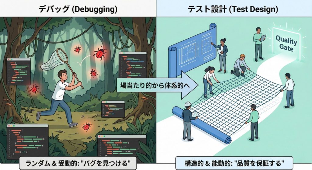 デバッグ（探索的バグ発見）とテスト設計（品質保証のための計画的テスト）のアプローチの違いを図解