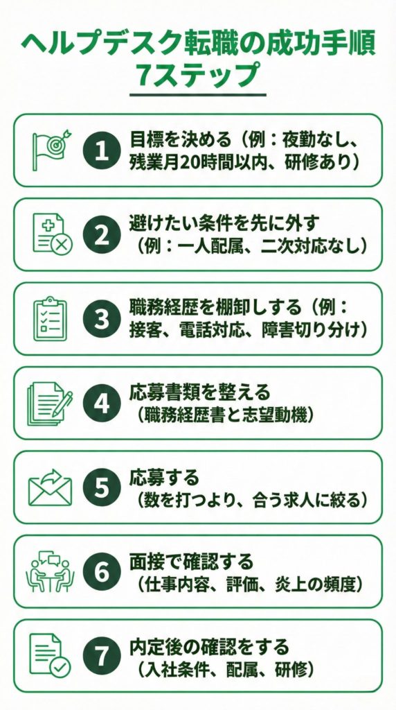 ヘルプデスク転職の成功手順7ステップの流れ