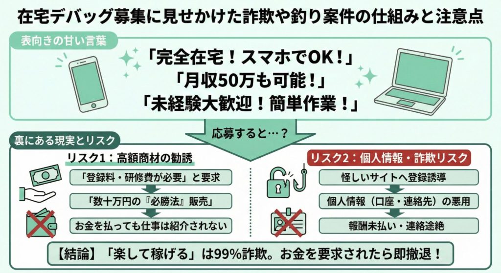 在宅デバッグ募集に見せかけた詐欺や釣り案件の仕組みと注意点