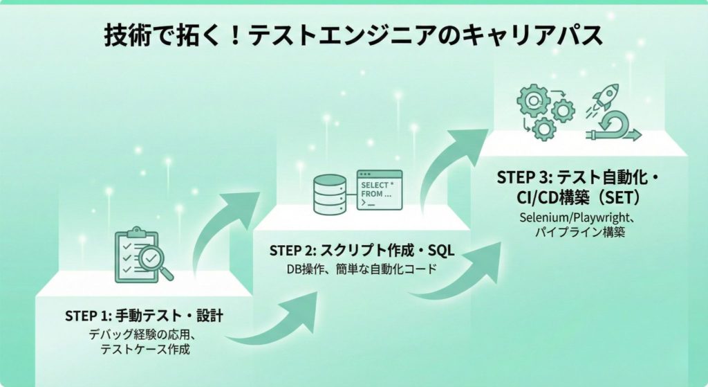 未経験からテストエンジニアを経て自動化エンジニア（SET）へステップアップするキャリアパス図