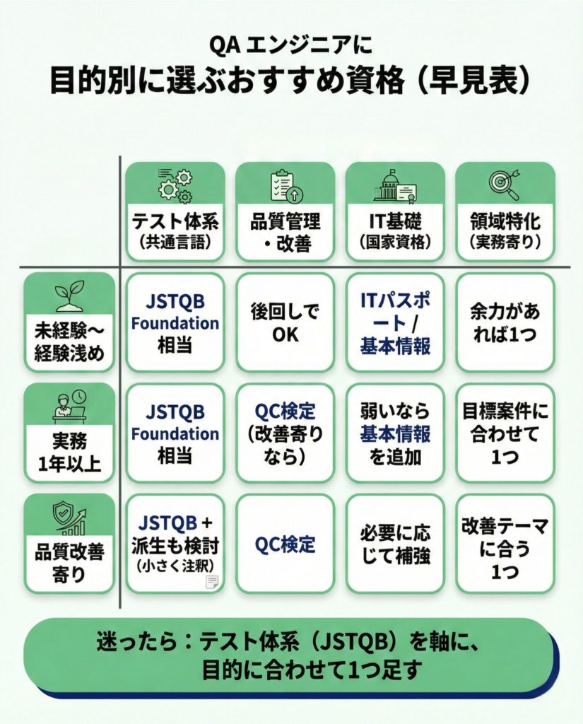 目的別に選ぶQAエンジニア向けおすすめ資格の早見表