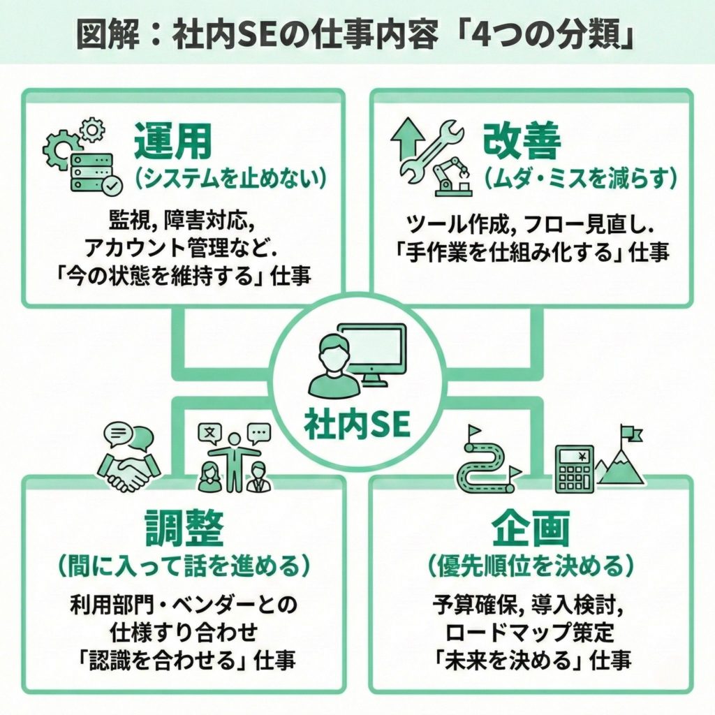 社内SEの仕事内容を運用・改善・調整・企画の4つに整理した図
