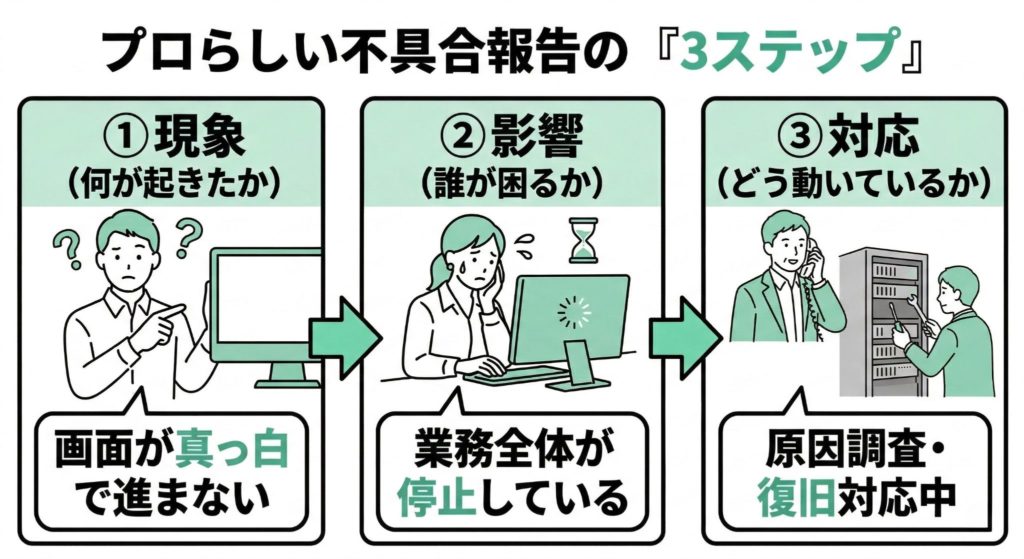 バグや不具合をプロらしく報告するための「現象・影響・対応」の3ステップ図解