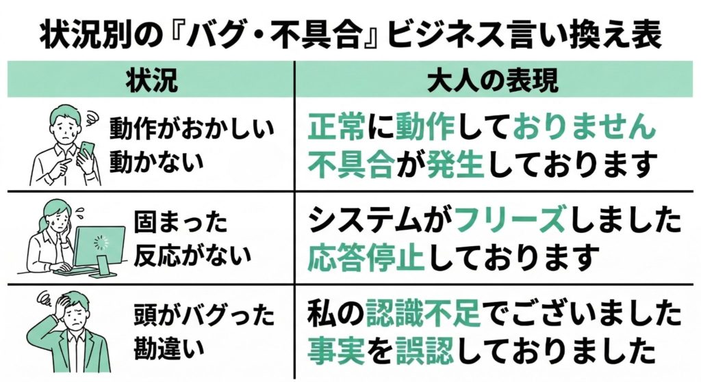 状況別の「バグ・不具合」ビジネス言い換え表